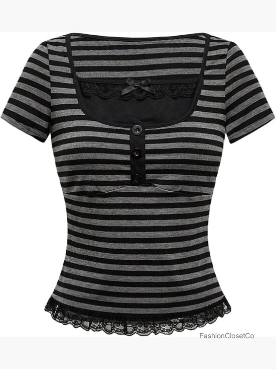 Tops - Lace Trim Striped Square Neck Short Sleeve Tee Fitted Y2K Top